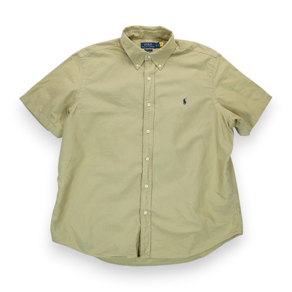 Polo Ralph Lauren Shirt Men XL Khaki Short Sleeve Loop Collar Camp 100% Cotton